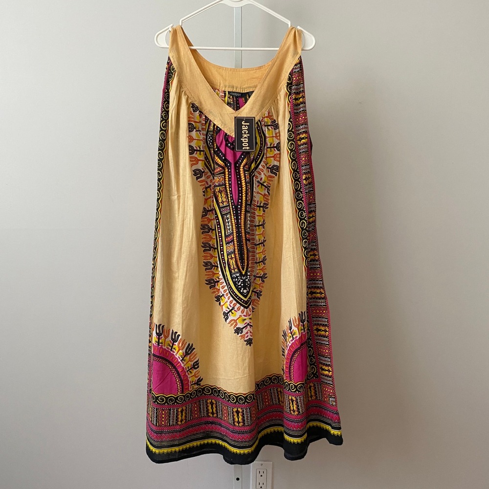 Jackpot Cotton Boho Beachy Relaxed Dashiki Print Sleeveless Midi Dress OS Yellow